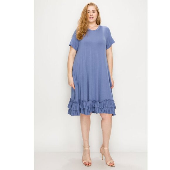 NEW Plus Size Ruffle-trim Georgette Swing Dress Denim Blue - Picture 1 of 3